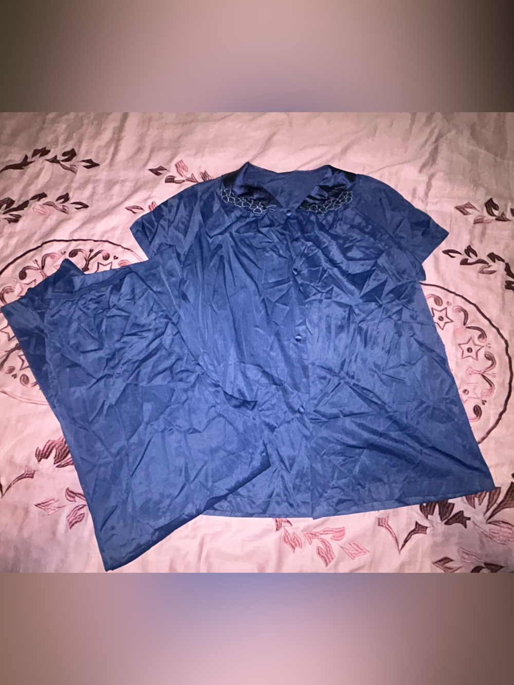 Vintage Vanity Fair Blue Pajama Set Size 40 M L Silky Nylon Embroidered Coquette